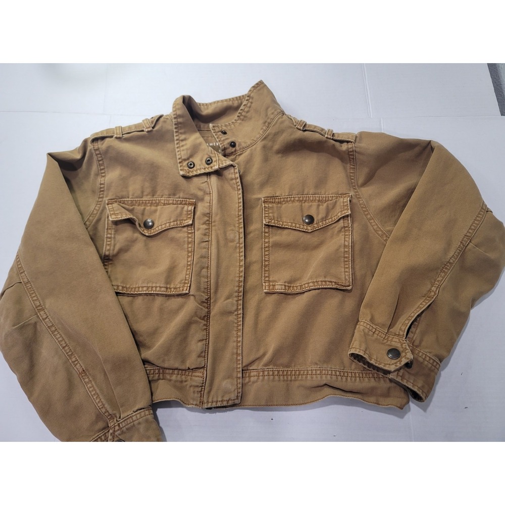 American eagle jean jacket large cropped brown snap button, caption sholder's